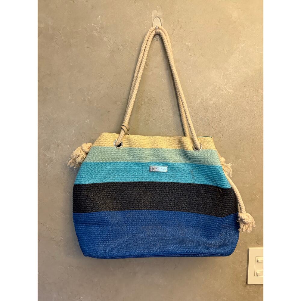 NEW Amiani Beach Tote Bag Striped Blue Gradient Jute Rope Handles Summer Purse - Picture 5 of 16